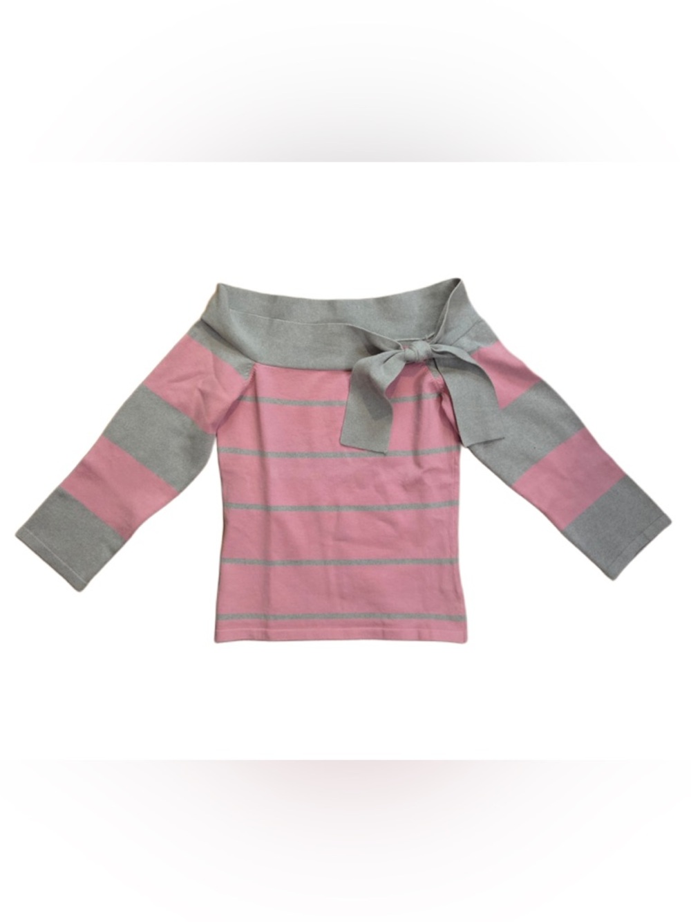 bebe Pink and Gray Striped Off-Shoulder Tie Sweater